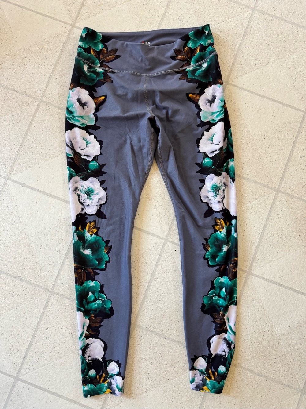 Fila Gray Leggings with Teal and White Floral Side Panels